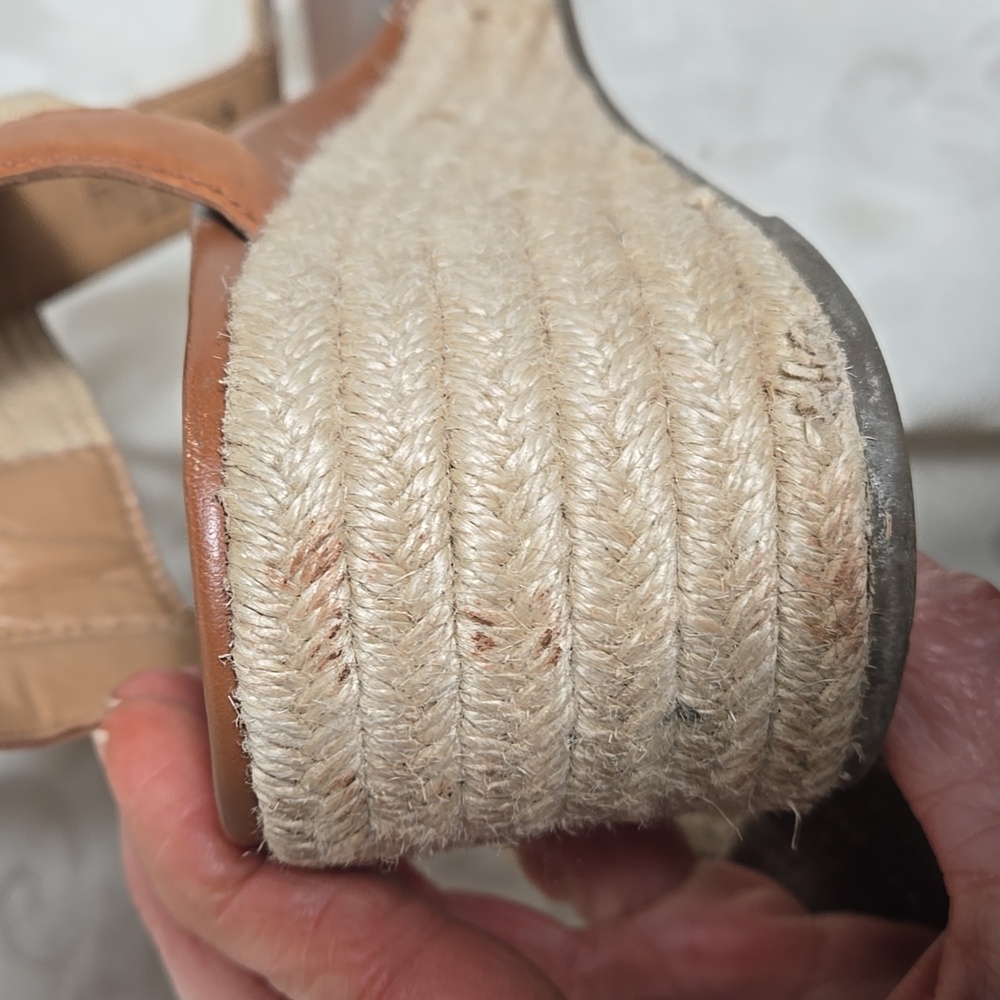 Vionic Brown Leather and Tan Raffia Fabric Wedge Sandals - Picture 11 of 11